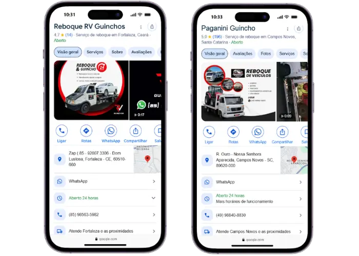 Perfis recuperados no Google — guinchos e reboques