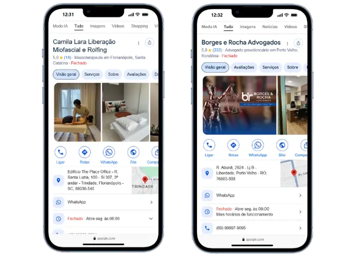 Perfis recuperados no Google — massoterapia e advocacia